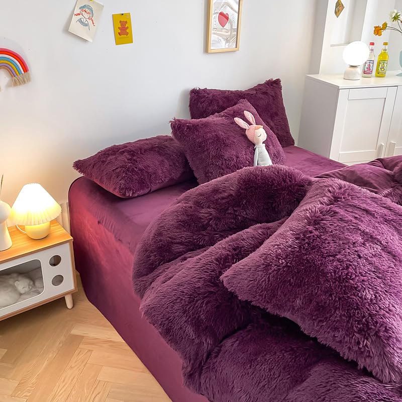 chovy Faux Fur Plush Grape Purple Comforter Sets Queen - Ultra Soft Shaggy Flannel Velvet Fluffy Fuzzy 3PC Bedding Set (Comforter x 1 Pillowcases x 2) - Image 4