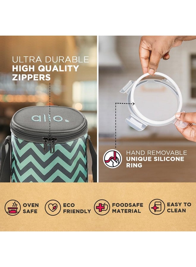 Allo Food Safe Borosilicate Glass Lunch Box, 450C Microwave Safe Lunch Box, Borosilicate Borosilicate Glass Tiffin for Office with Chevron Mint Tiffin Bag, Set of 3, 400ml x 3, Round - Image 5