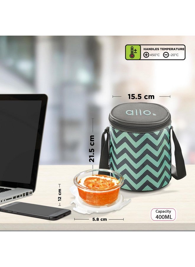 Allo Food Safe Borosilicate Glass Lunch Box, 450C Microwave Safe Lunch Box, Borosilicate Borosilicate Glass Tiffin for Office with Chevron Mint Tiffin Bag, Set of 3, 400ml x 3, Round - Image 4