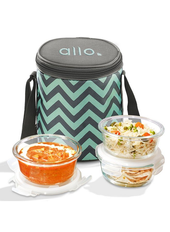 Allo Food Safe Borosilicate Glass Lunch Box, 450C Microwave Safe Lunch Box, Borosilicate Borosilicate Glass Tiffin for Office with Chevron Mint Tiffin Bag, Set of 3, 400ml x 3, Round - Image 1