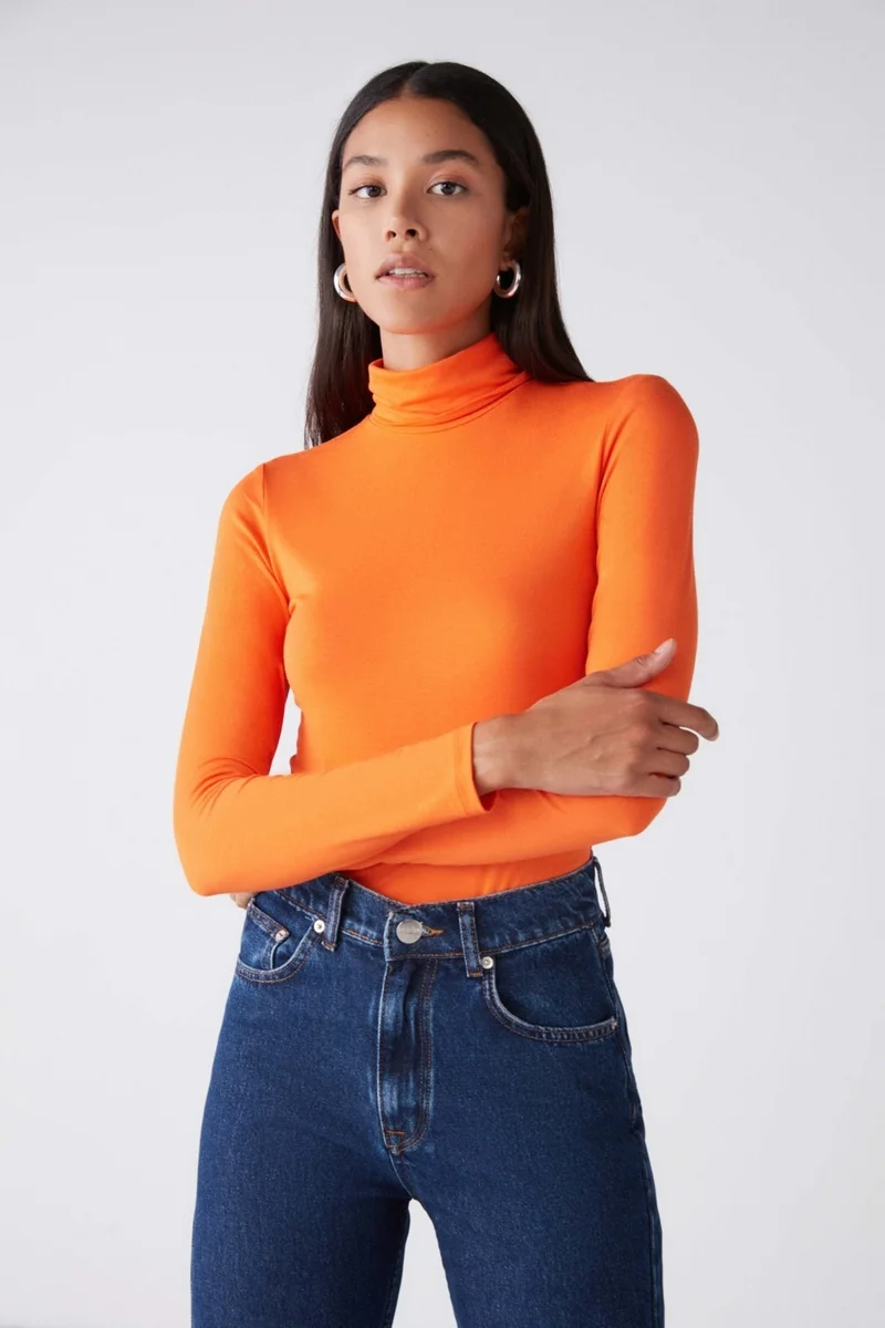 GRIMELANGE Mısha Women's Viscose Flexible Fabric Turtleneck Orange Blouse