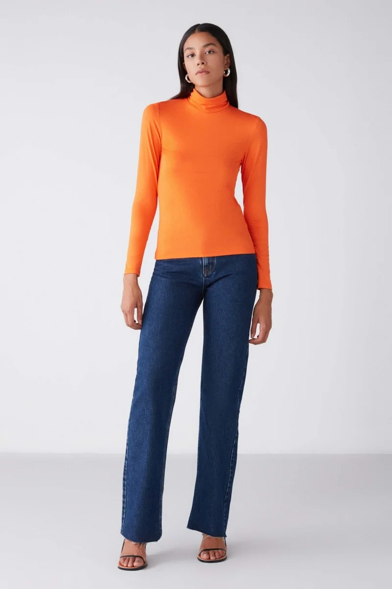 GRIMELANGE Mısha Women's Viscose Flexible Fabric Turtleneck Orange Blouse
