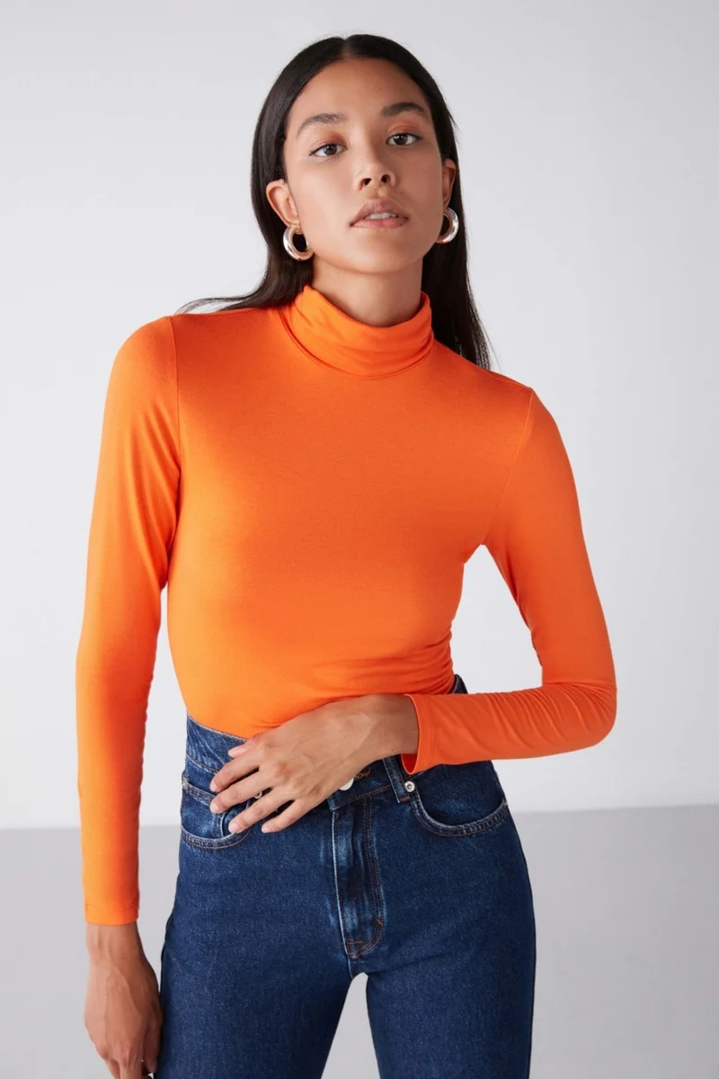GRIMELANGE Mısha Women's Viscose Flexible Fabric Turtleneck Orange Blouse