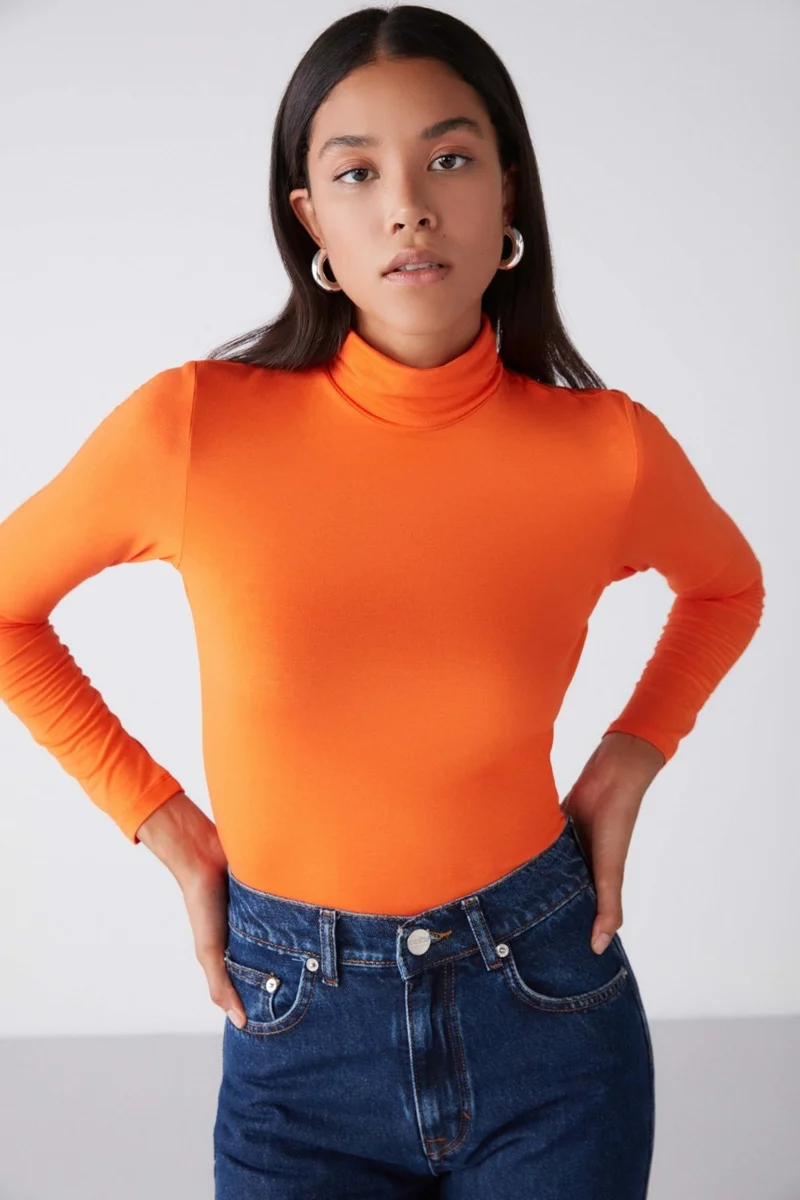 GRIMELANGE Mısha Women's Viscose Flexible Fabric Turtleneck Orange Blouse