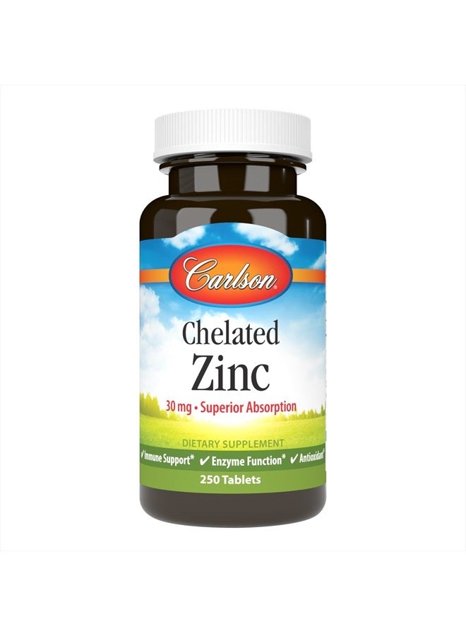 Carlson Chelated Zinc, 30 mg, Chelated Zinc Supplement, Zinc Glycinate Chelate, Superior Absorption, Immune Support & Enzyme Function, Zinc Tablets, Antioxidant, 250 Tablets - Image 1