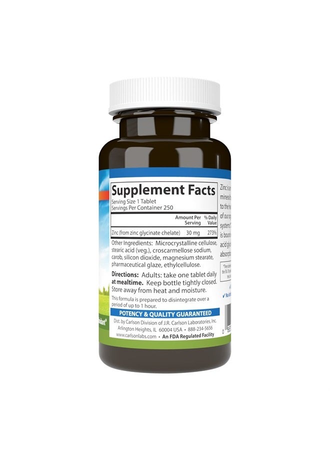 Carlson Chelated Zinc, 30 mg, Chelated Zinc Supplement, Zinc Glycinate Chelate, Superior Absorption, Immune Support & Enzyme Function, Zinc Tablets, Antioxidant, 250 Tablets - Image 2