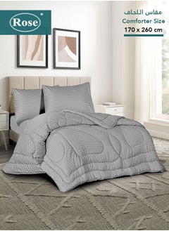 Rose ROSE Luxury Hotel Striped Comforter, Premium Microfiber, Set of 4 pieces, Soft Lightweight, Extra Twin size 260x170 cm, Light Grey  - Image 1