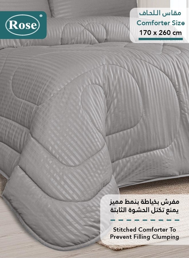 روز طقم مفرش فندقي بحشوة ثابتة, مايكروفايبر عالي الجودة, 4 قطع, يناسب سرير 120×200 سم مقاس مفرد عريض, تصميم مقلم فندقي, رصاصي - Image 3