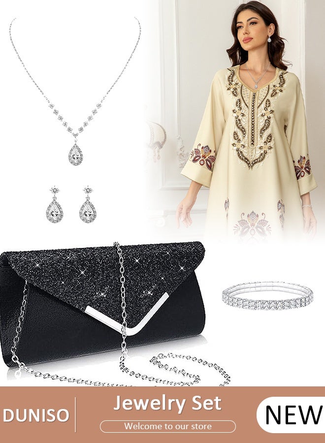 DUNISO 4Pcs Silver Jewelry Set with Clutch Purse, Deluxe Bag for Light Luxury Dinner Party, Bridal Wedding Choker Bracelet, Water Drop Pendant Necklace, Women Rhinestone Evening Clutch Bag - Image 1