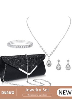 DUNISO 4Pcs Silver Jewelry Set with Clutch Purse, Deluxe Bag for Light Luxury Dinner Party, Bridal Wedding Choker Bracelet, Water Drop Pendant Necklace, Women Rhinestone Evening Clutch Bag  - Image 1