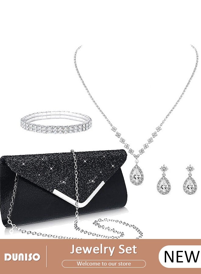DUNISO 4Pcs Silver Jewelry Set with Clutch Purse, Deluxe Bag for Light Luxury Dinner Party, Bridal Wedding Choker Bracelet, Water Drop Pendant Necklace, Women Rhinestone Evening Clutch Bag  - Image 1