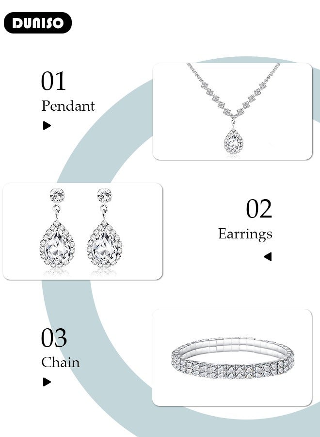 DUNISO 4Pcs Silver Jewelry Set with Clutch Purse, Deluxe Bag for Light Luxury Dinner Party, Bridal Wedding Choker Bracelet, Water Drop Pendant Necklace, Women Rhinestone Evening Clutch Bag  - Image 2