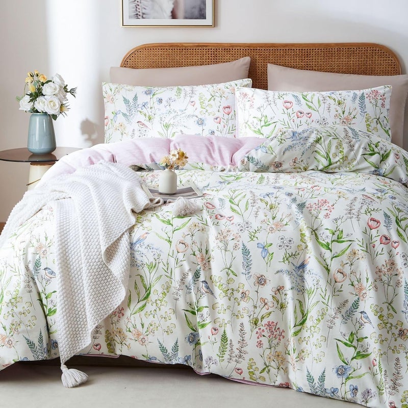 EAVD Vintage Style Botanical Floral Duvet Cover King Soft Cotton Chic Cute Bird Floral Print Bedding Set with 2 Pillowcases Vibrant Garden Botanical Comforter Cover with Zipper Closure - Image 2