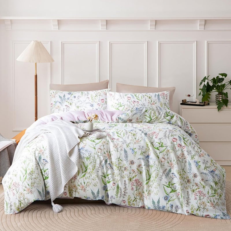 EAVD Vintage Style Botanical Floral Duvet Cover King Soft Cotton Chic Cute Bird Floral Print Bedding Set with 2 Pillowcases Vibrant Garden Botanical Comforter Cover with Zipper Closure - Image 1