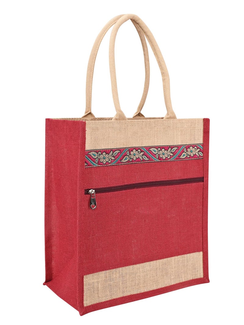 Jute Cottage Eco-Friendly Grocery Shopping Bag for Men & Women | Maroon Printed Jute Carry Bag with Zip | Handcrafted Sustainable Tote for Daily Use, Office, Travel - Image 1