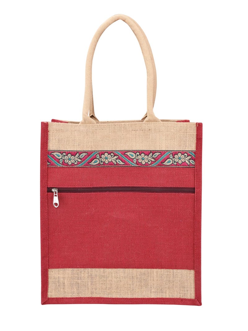 Jute Cottage Eco-Friendly Grocery Shopping Bag for Men & Women | Maroon Printed Jute Carry Bag with Zip | Handcrafted Sustainable Tote for Daily Use, Office, Travel - Image 2