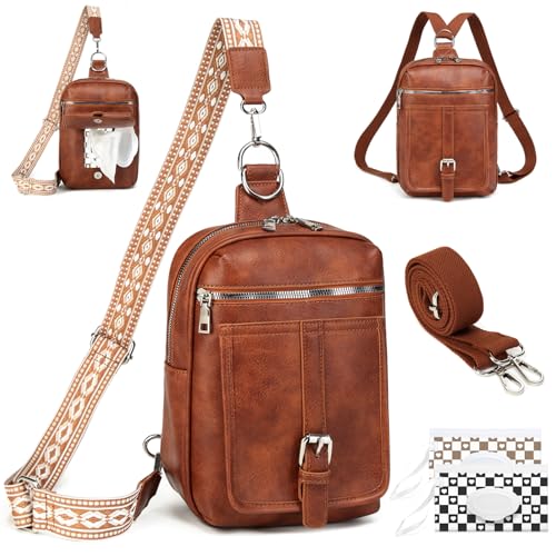 MYHOZEE 2 in 1 Crossbody Bags for Women Men Sling Backpack Purse Faux Leather Cross Body Bag for Woman with 2 Deletable Straps and Wipes Pouch Large Front Chest Shoulder Purses Diaper Bag Fanny Pack Brown - Image 1