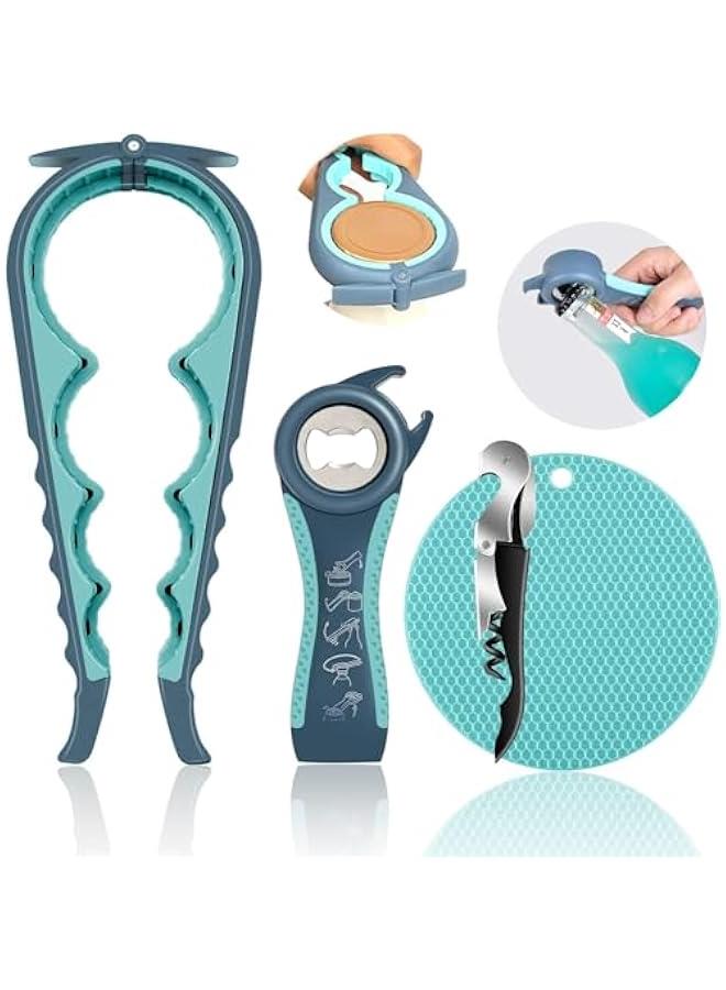 هوكور Zuelnote Jar Opener for Weak Hands, Seniors with Arthritis, Multi Function Bottle Opener Lid Opener For Arthritic Hands with Non Slip Rubber Jar opener Gripper Pad and Corkscrew Wine Opener (blue) - Image 1
