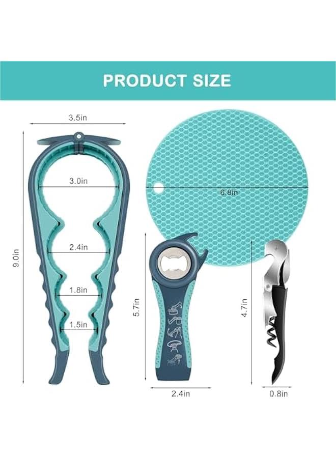 هوكور Zuelnote Jar Opener for Weak Hands, Seniors with Arthritis, Multi Function Bottle Opener Lid Opener For Arthritic Hands with Non Slip Rubber Jar opener Gripper Pad and Corkscrew Wine Opener (blue) - Image 2