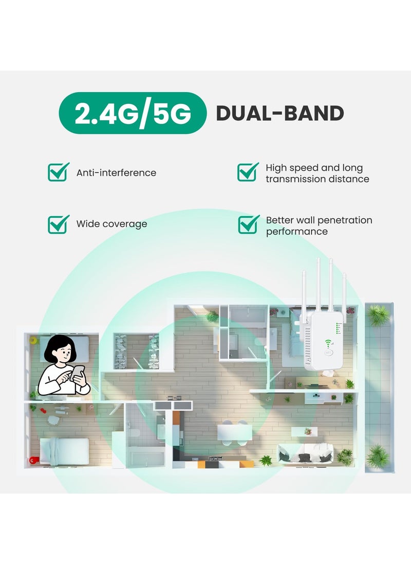 أنيوي مكرر واي فاي، معزز اشارة واي فاي، موسع واي فاي ثنائي النطاق 5G/2.4G، 300 Mbps، موسع نطاق واي فاي AC300 ، موسع النطاق العريض/موسع واي فاي، اعداد بلمسة واحدة، التوصيل والتشغيل، ابيض  - Image 3