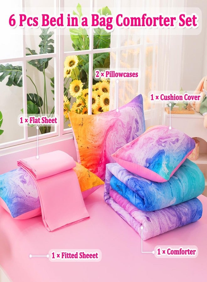 ASKOTU Girls Full Bedding Sets, 6 Pcs Pink Full Szie Comforter Set with Sheets, Watercolor Marble Abstract Art Superior Bedding Set for Girls - Image 2