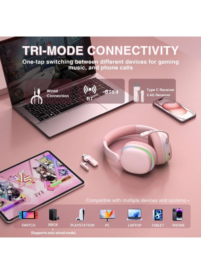 AULA G7 Pro - Auriculares inalámbricos para juegos con sonido envolvente 7.1, controlador de 1.575 pulgadas, auriculares BT5.3 para juegos con micrófono, RGB, latencia de 10 ms, batería 65H, auriculares rosa para juegos para PS5, PS4, Switch, PC, modo con cable para Xbox - Image 2