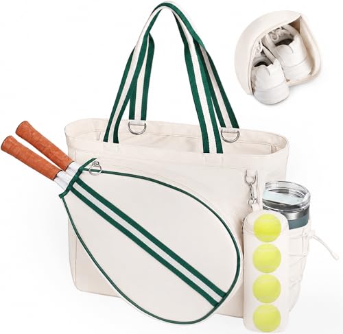 Movker Tennis Bag for Women Men Tote Bag with Shoe Compartment & Wet Pocket, Fits 2 Rackets & 15.6” Laptop, Durable Sports Gym Overnight Weekender Bag with Fence Hook(Beige-green) - Image 1