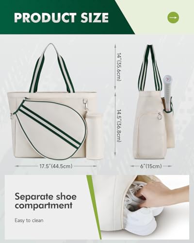 Movker Tennis Bag for Women Men Tote Bag with Shoe Compartment & Wet Pocket, Fits 2 Rackets & 15.6” Laptop, Durable Sports Gym Overnight Weekender Bag with Fence Hook(Beige-green) - Image 3