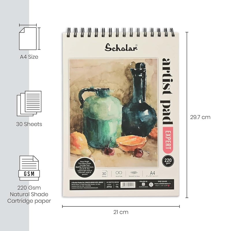 Scholar Scholar Artist Pad Expert 220 GSM Natural Shade Cartridge Paper Wiro Bound A4  - Image 2
