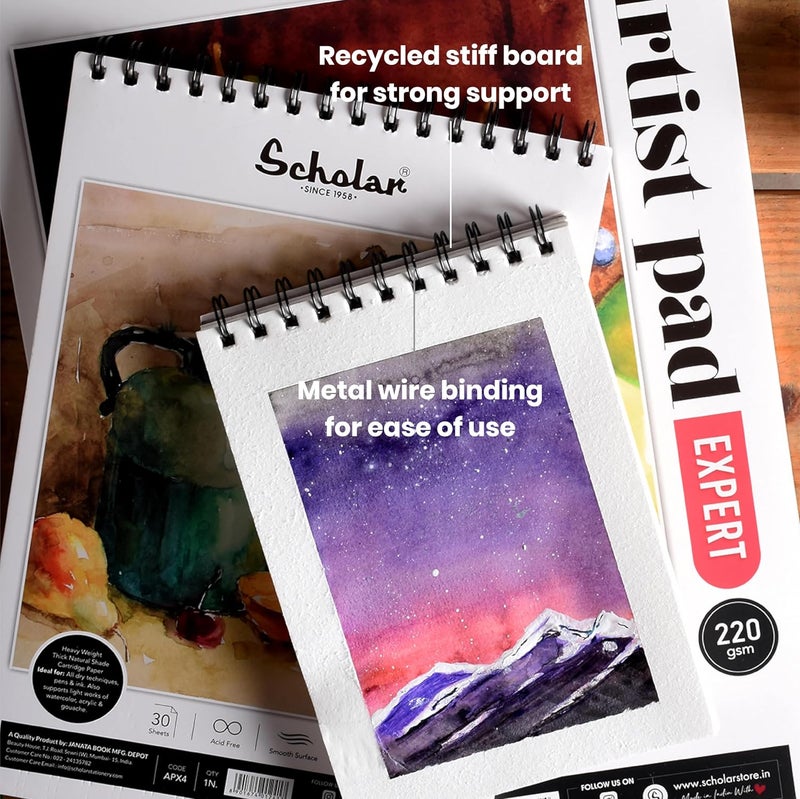 Scholar Scholar Artist Pad Expert 220 GSM Natural Shade Cartridge Paper Wiro Bound A4  - Image 5