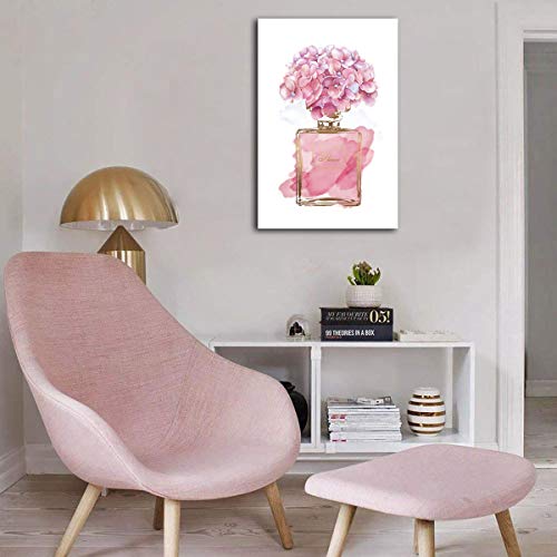 tigeridge Pink Flowers Wall Art Fashion Canvas Pictures Girls Bedroom Wall Decor Watercolor Hydrangea Contemporary Canvas Artwork Botanic Perfume Bottle Living Room Bathroom Decor Framed Ready to Hang 16" x 24" - Image 5