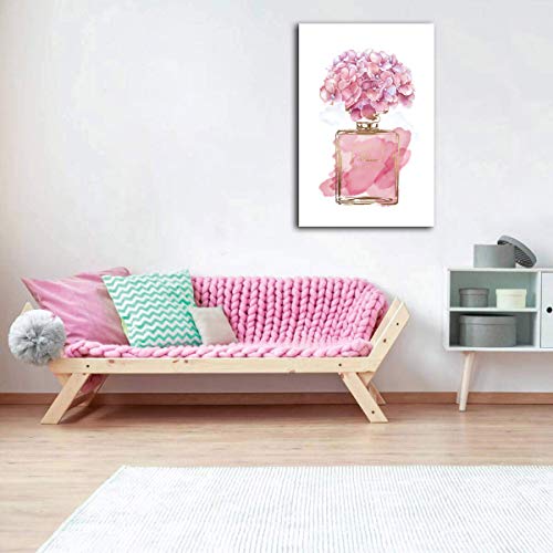 tigeridge Pink Flowers Wall Art Fashion Canvas Pictures Girls Bedroom Wall Decor Watercolor Hydrangea Contemporary Canvas Artwork Botanic Perfume Bottle Living Room Bathroom Decor Framed Ready to Hang 16" x 24" - Image 2