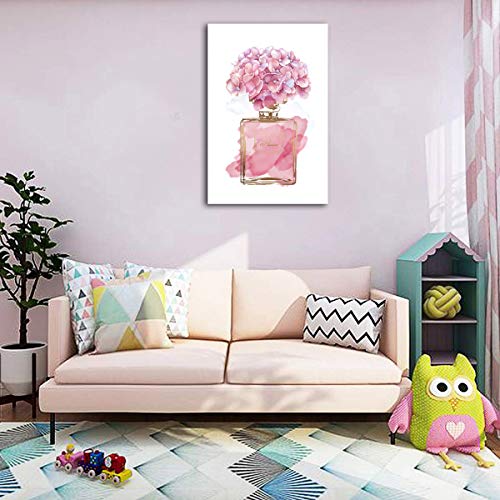 tigeridge Pink Flowers Wall Art Fashion Canvas Pictures Girls Bedroom Wall Decor Watercolor Hydrangea Contemporary Canvas Artwork Botanic Perfume Bottle Living Room Bathroom Decor Framed Ready to Hang 16" x 24" - Image 3