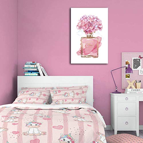 tigeridge Pink Flowers Wall Art Fashion Canvas Pictures Girls Bedroom Wall Decor Watercolor Hydrangea Contemporary Canvas Artwork Botanic Perfume Bottle Living Room Bathroom Decor Framed Ready to Hang 16" x 24" - Image 4
