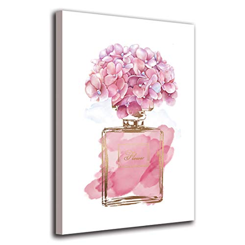 tigeridge Pink Flowers Wall Art Fashion Canvas Pictures Girls Bedroom Wall Decor Watercolor Hydrangea Contemporary Canvas Artwork Botanic Perfume Bottle Living Room Bathroom Decor Framed Ready to Hang 16" x 24" - Image 1