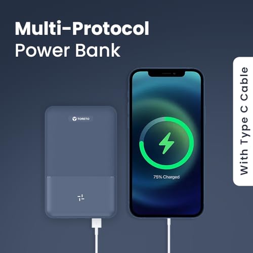 Toreto Power Tint Slim & Compact Power Bank 22.5W Fast Charging, USB & Type C Output, Quick Charge for iPhone, Android Mobile & Tablets, Earbuds (Blue, 10000, Milliamp Hours) - Image 3