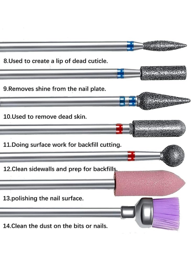 SWIUKPHE Nail Drill Bits Set, 14pcs Professional Rotary Burrs Diamond Cuticle Remover Bits Kit 3/32" Bits Manicure Pedicure Remover Tools for Acrylic Gel Nails Cuticle Manicure - Image 5