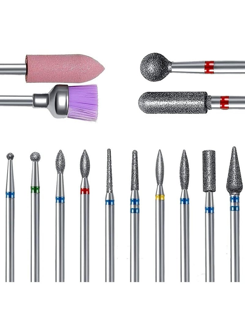 SWIUKPHE Nail Drill Bits Set, 14pcs Professional Rotary Burrs Diamond Cuticle Remover Bits Kit 3/32" Bits Manicure Pedicure Remover Tools for Acrylic Gel Nails Cuticle Manicure - Image 1