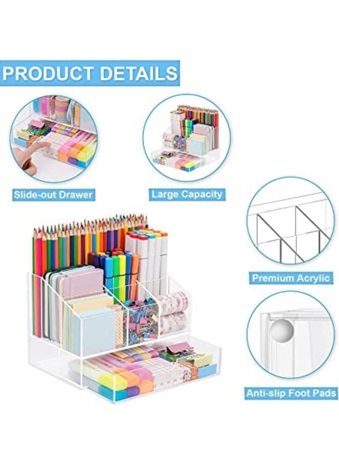 SMARTPOINTS - Acrylic Desk Organizer, Upgraded Clear Pencil Organizer for Desk, 7 Compartments Stationary Pen Organizer Storage with Drawer, for Office Supply, 500+ Pencils Capacity - Image 1