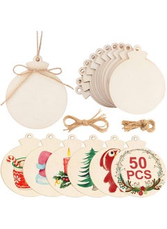 OurWarm 50Pcs Round Christmas Wooden Ornaments For Crafts, 4" Unfinished Wood Ornaments Blank Predrilled Natural Wood Slices, Diy Christmas Tree Ornaments Hanging Decorations  - Image 1