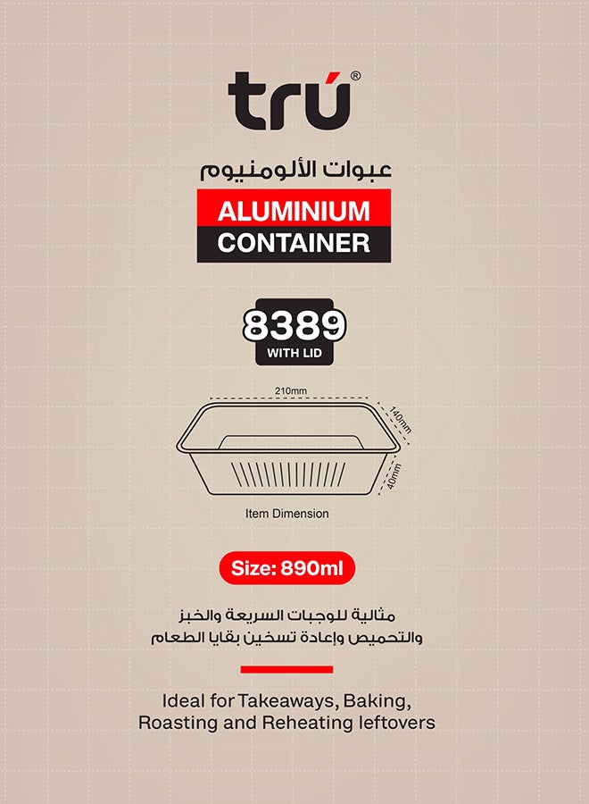 Tru Aluminum Containers with Lid 8389 10Pcs 890ml 14cmx 21cmx4cm Silver - Image 4