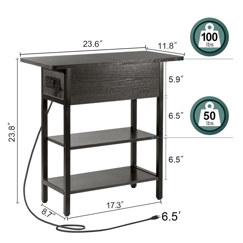 Yoobure End Table with Charging Station, Flip Top Side Table with USB Ports and Outlets, Sofa Couch Table Bedside Table for Living Room Bedroom, Narrow Nightstand with Storage Shelves for Small Space - Image 5