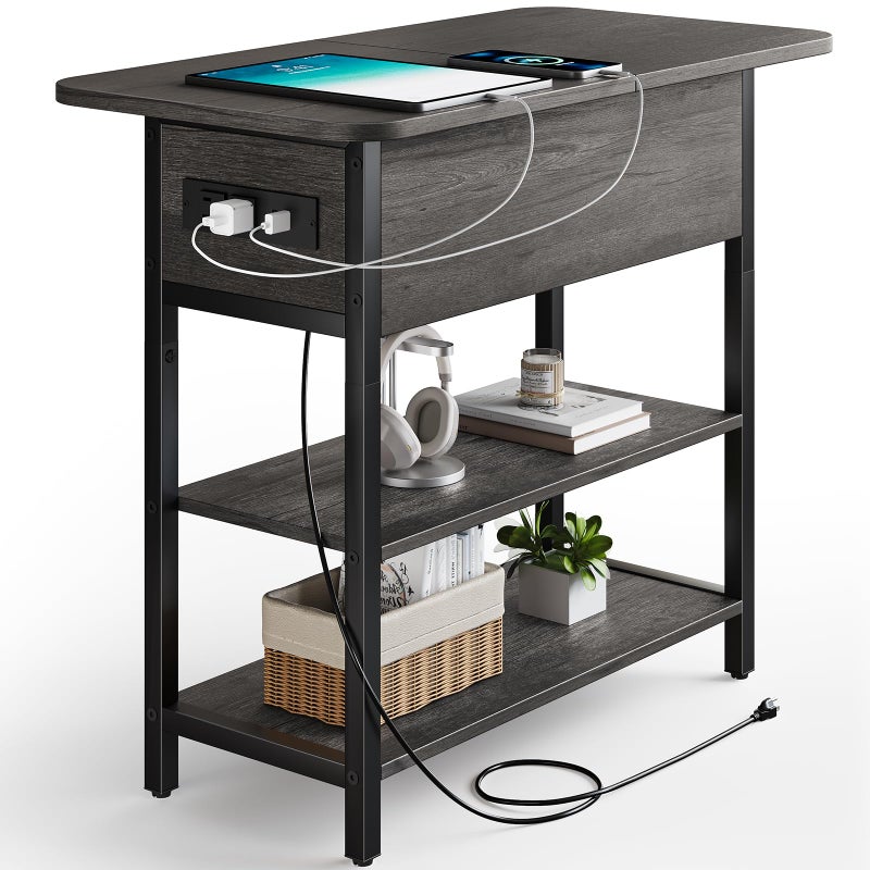 Yoobure End Table with Charging Station, Flip Top Side Table with USB Ports and Outlets, Sofa Couch Table Bedside Table for Living Room Bedroom, Narrow Nightstand with Storage Shelves for Small Space - Image 1