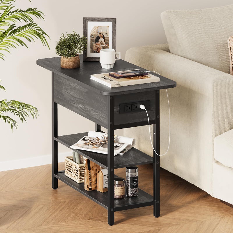 Yoobure End Table with Charging Station, Flip Top Side Table with USB Ports and Outlets, Sofa Couch Table Bedside Table for Living Room Bedroom, Narrow Nightstand with Storage Shelves for Small Space - Image 3