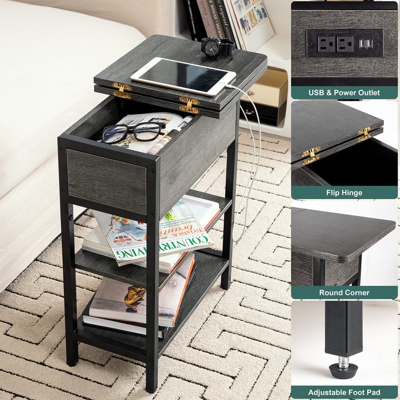 Yoobure End Table with Charging Station, Flip Top Side Table with USB Ports and Outlets, Sofa Couch Table Bedside Table for Living Room Bedroom, Narrow Nightstand with Storage Shelves for Small Space - Image 4
