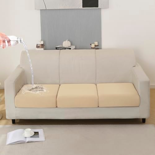 HOKIPO 100% Waterproof Elastic Individual Seat Cushion Cover, 3-Piece Sofa Cushion Cover, Beige (AR-5352-BGE*3) - Image 1