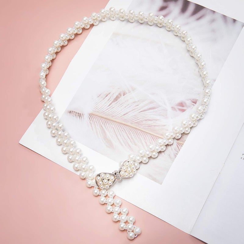 Dubulle Women's Pearl Bridal Elastic Ivory Crystal Beaded Sash for Wedding Dress Prom - Image 3
