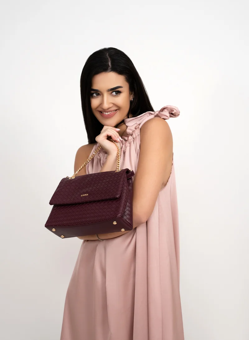 AMICA Kelly Weaved Leather Crossbody Bag for Women -Plum Red