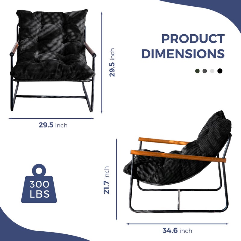 MAXYOYO Modern Accent Chair, Comfy Living Room Chair with Metal Frame Wooden Armrest, Upholstered Armchair with Soft Cushion for Bedroom Balcony Lounge Reading Room, Black - Image 2