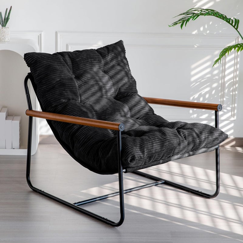 MAXYOYO Modern Accent Chair, Comfy Living Room Chair with Metal Frame Wooden Armrest, Upholstered Armchair with Soft Cushion for Bedroom Balcony Lounge Reading Room, Black - Image 1